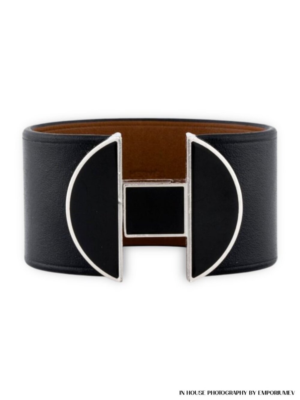 HERMES Tad Manchette Black Calfskin Leather Bracelet Size T3
